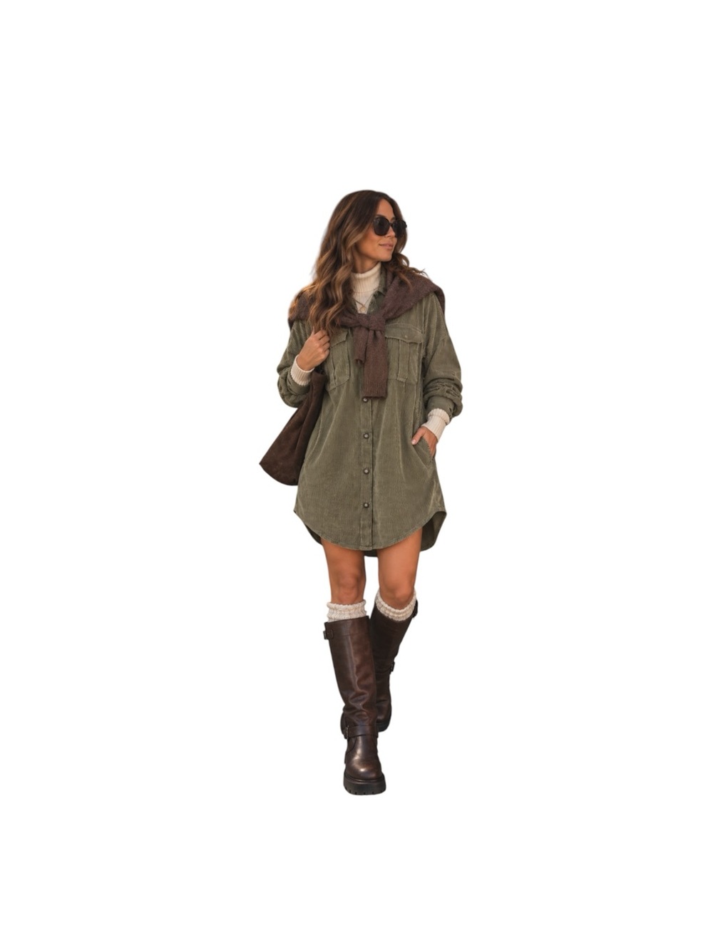 Ashley 26 International Corduroy Shacket Dress M Olive Utility Longline Boho